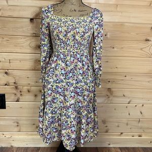 Love, fire Shirred dress Womens Large Floral Square Neck Long Sleeve